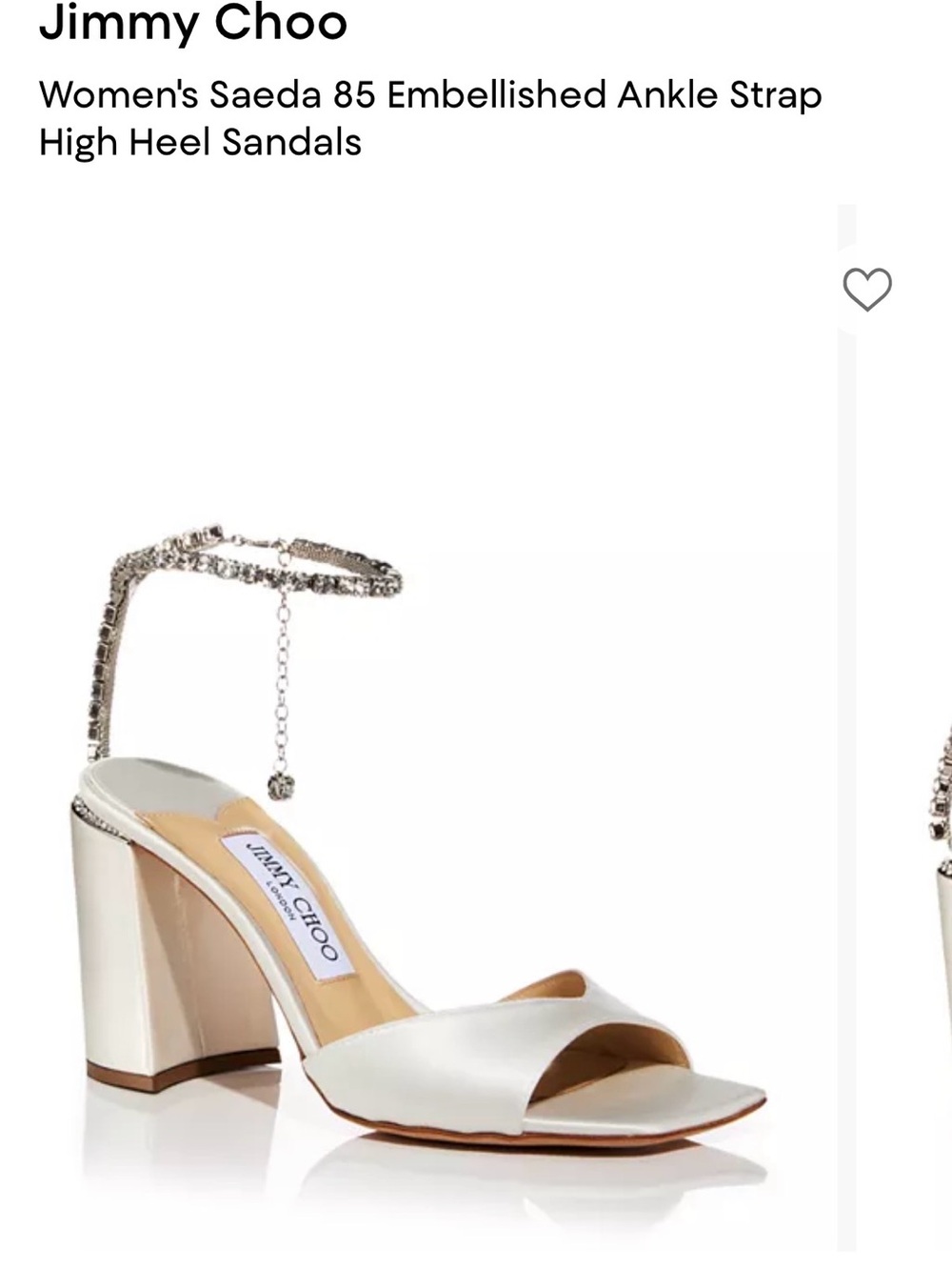 Jimmy Choo White Satin Block Heel Sandals with Crystal Ankle Strap
